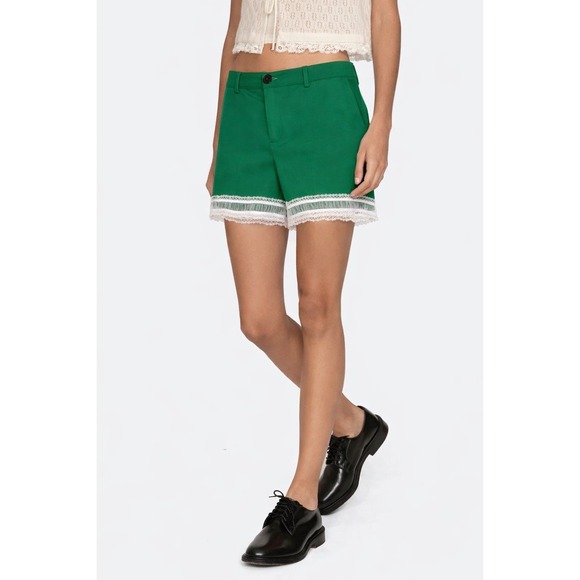 Emerald Green Lace Trim Tailored Shorts Designer Made In Italy SOI Studio S/M - Picture 2 of 8